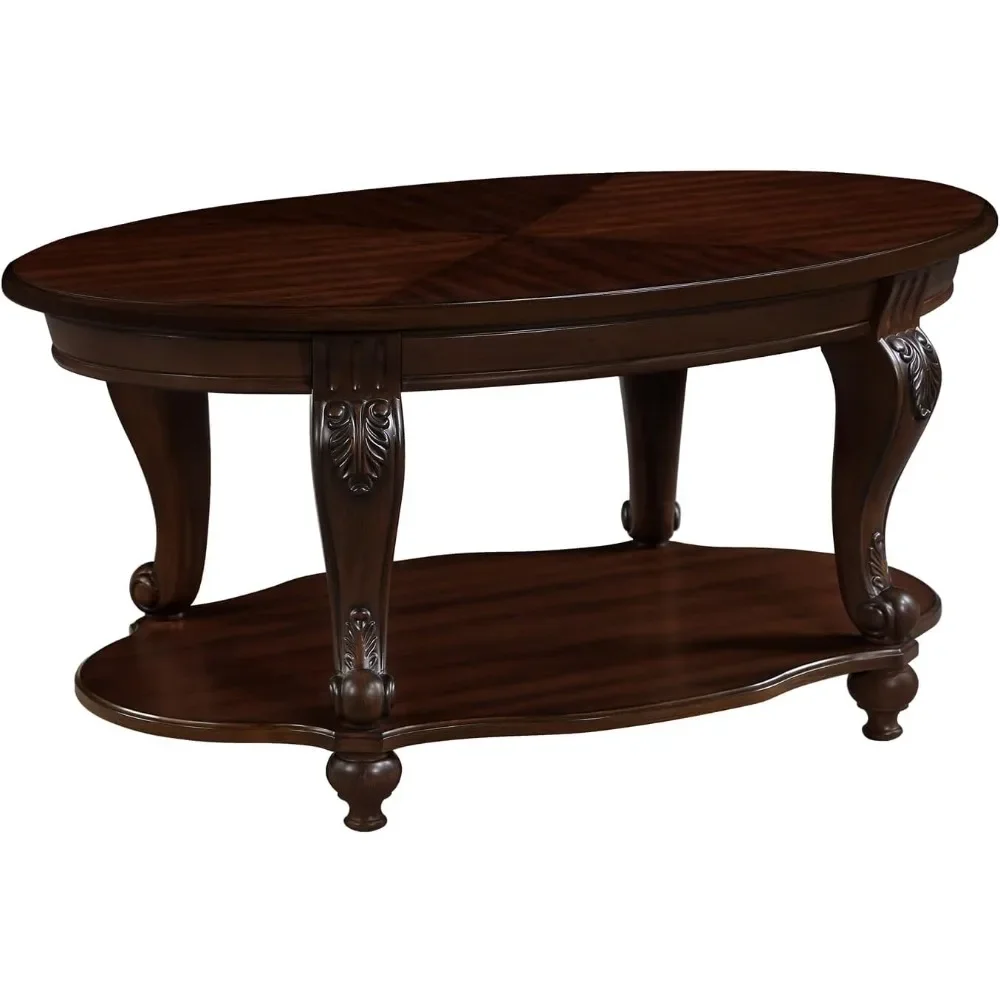 

Wood Coffee Table for Living Room Oval Coffee Table with Storage Shelf, Antique Table Legs with Elegant Carvings, Easy Assembly