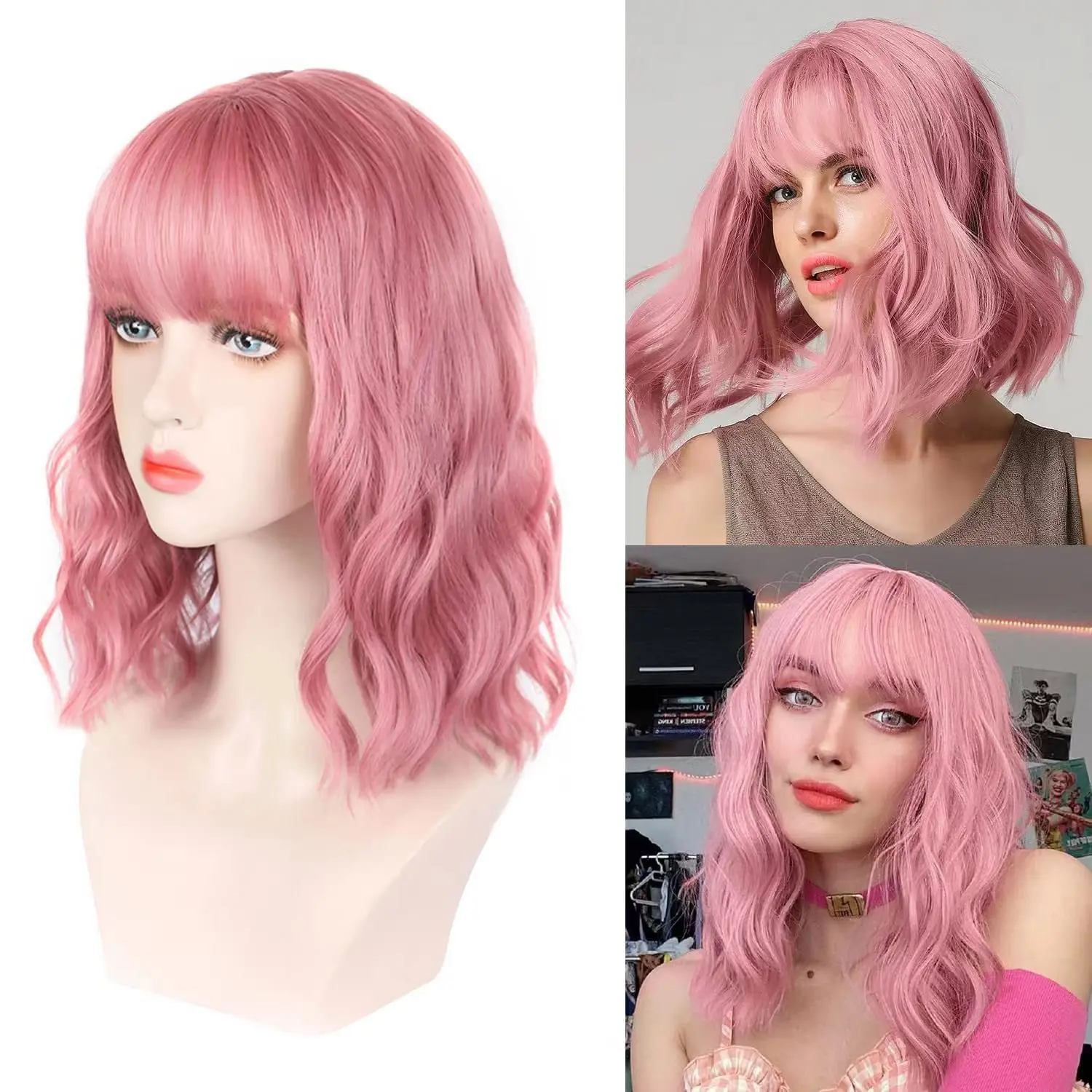 Pink Short Wavy Wig Synthetic Pink Cosplay Lolita Wigs for Black Women Body Wave Natural Hair Straight  Air Bang Party Daily