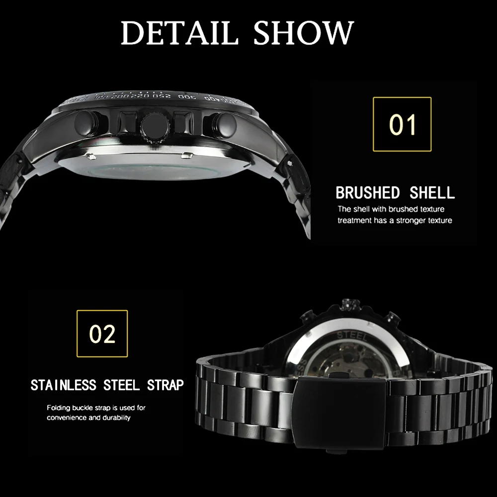 ساعة T-WINNER Business كاجوال للرجال أوتوماتيكية هيكل عظمي ميكانيكية ريترو سوداء مجوفة من الفولاذ المقاوم للصدأ ساعة يد رياضية للرجال