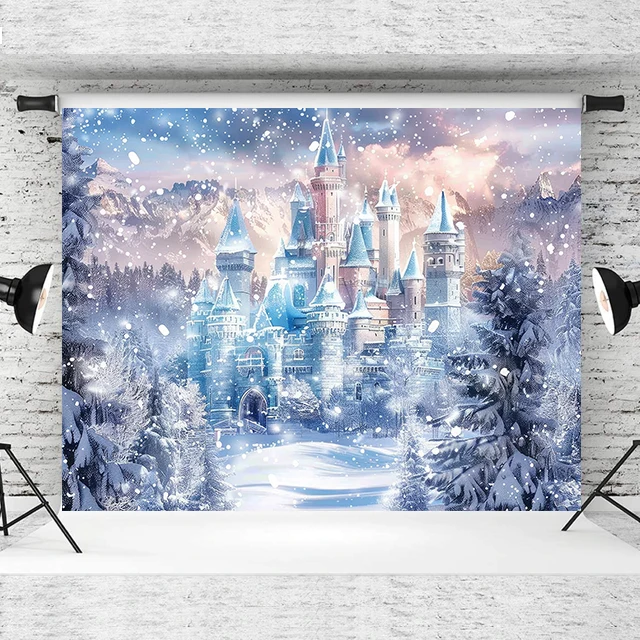 Beenle Winter Castle Photography Backdrop Blue Ice Forest Wonderland Snow Mountian Pine Tree Kids Birthday Portrait Background