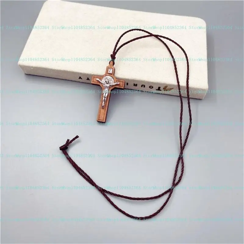 Einfache religiöse Glaube Gebet Taufe christliche Holz Metall Kreuze Seil Halskette Junge Mädchen Zugang Schmuck – Detail 2