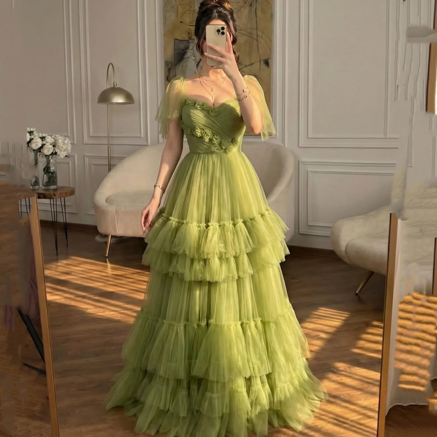 Vestido de fiesta americano sexy Aileen, personalizado, verde lima, tul, corte A, largo hasta el suelo, con flores, vestidos formales de noche para mujer