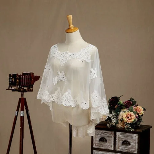 Ivoor Lace Bridal Shawl Lady Zomer Herfst Schouderophalen Trouwjurk Kristal Cape Party Avond Jas Wrap