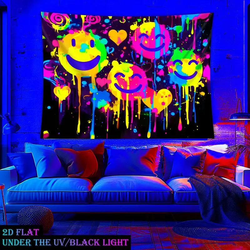 VIKAMA Neon-Style Smiley Face Tapestry, Colorful Graffiti Heart-Themed Wall Hanging, Bedroom and Dorm Room Decor