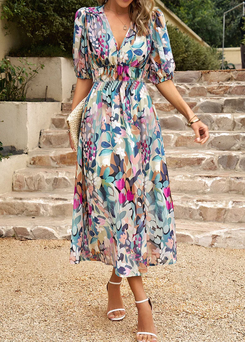 2025 ฤดูร้อน Chic V คอชีฟองดอกไม้ Maxi ชุด Cinched เอว Elegant Beach Party Fiesta ชุด Vestidos