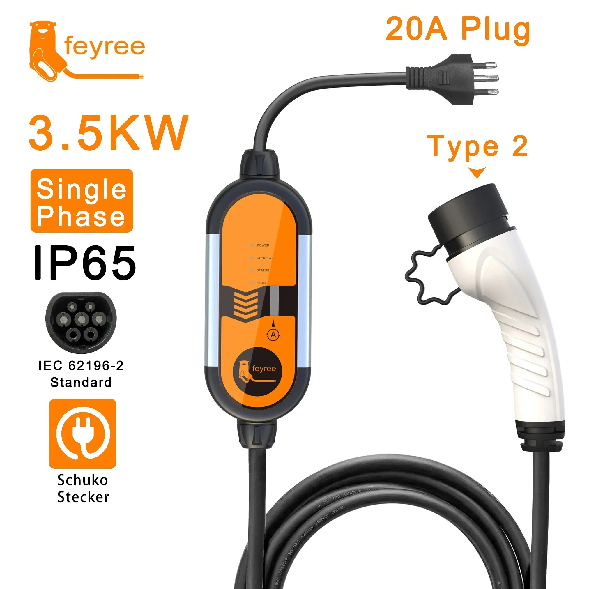 feyree 32A 7KW Type2 EV Portable Charger 11KW 16A 3 Phase 5M Cable EVSE Charging Box Car Charger CEE Plug for Electric Vehicle