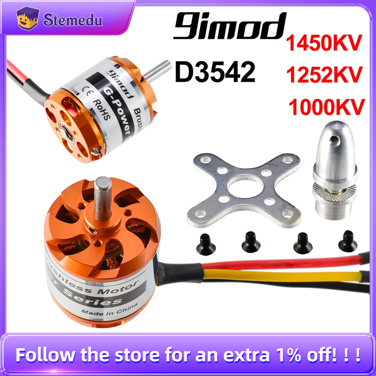 

9imod D3542 RC Car Motor 1450KV/1252KV/1000KV 5.0mm Brushless Motor 2-4S For RC Mini Plane Multicopters FPV Fixed-wing Aircraft