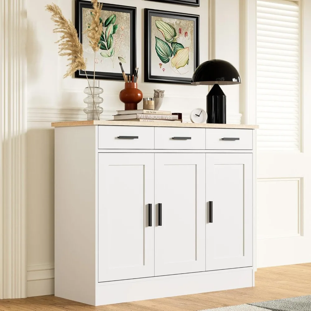 Mueble buffet blanco de 43,3 pulgadas de ancho, mueble para cafetería con 3 cajones y 3 puertas, aparador buffet de cocina para sala de estar, cocina