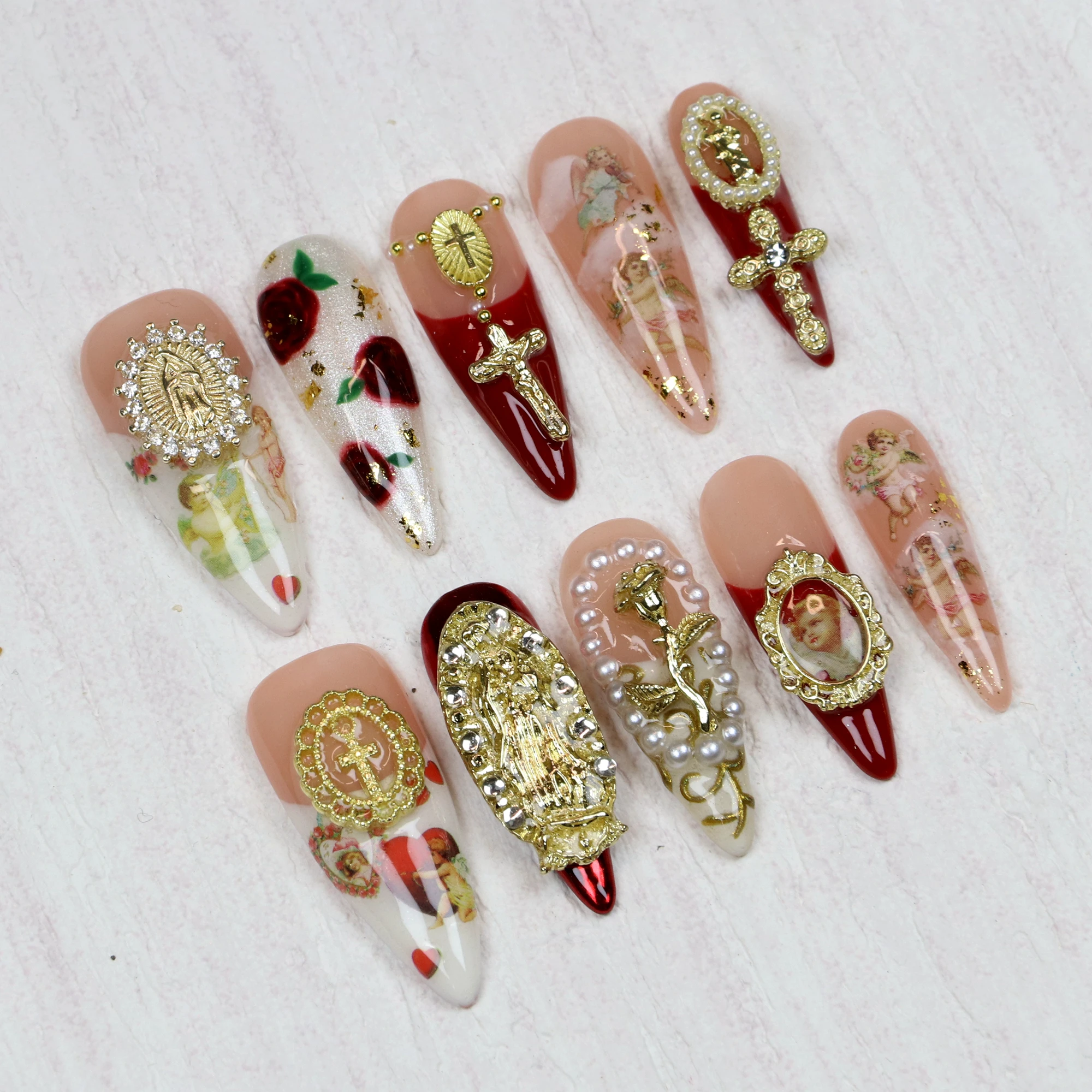 10 pièces de luxe longue Stiletto presse sur les ongles, conception personnalisée Chrome or croix vierge marie Nail Art catholique peint à la main ongles