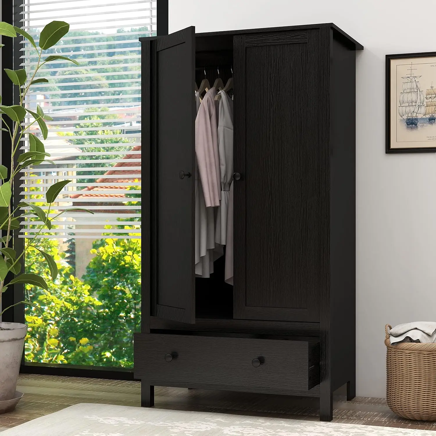 2 Door Wardrobe, Armoire with Drawer for Bedroom (Black)