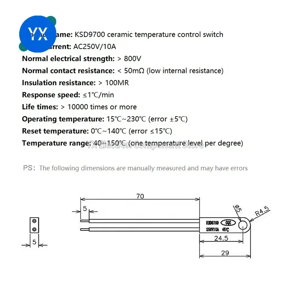 1PCS KSD9700 10A Ceramics Thermistor Temperature Control Switch for 12V/24V DC Voltage Range and Precision Temperature Control