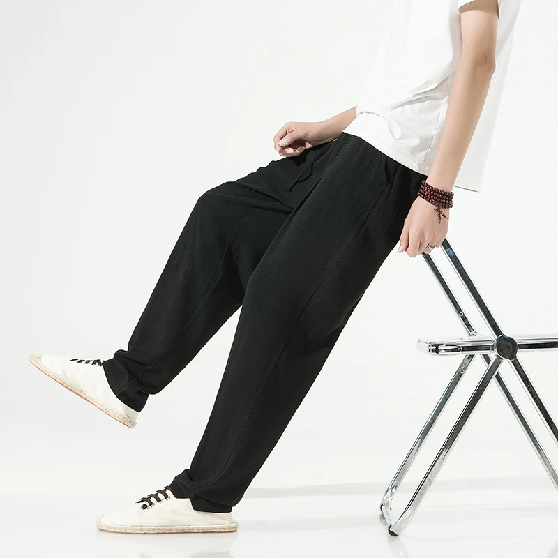 

Мужские летние тонкие брюки из хлопка и льна, свободные, повседневные, прямого кроя, с эластичным поясом, охлаждающие