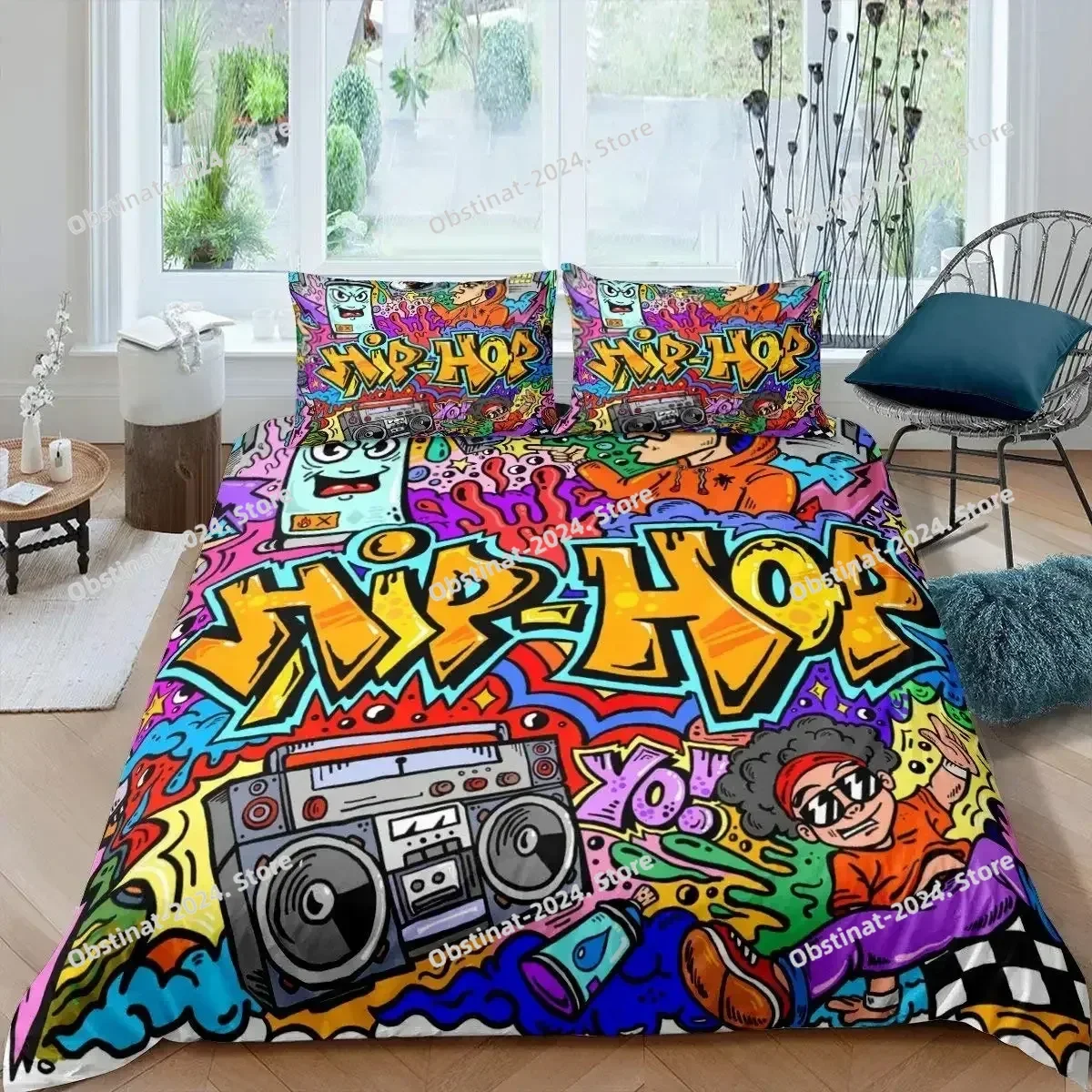 Hip Hop Duvet Cover KingQueen Size Color Street Culture Wall Graffiti Art Rock Music Sports Polyester Bedding Set for Kid Teens