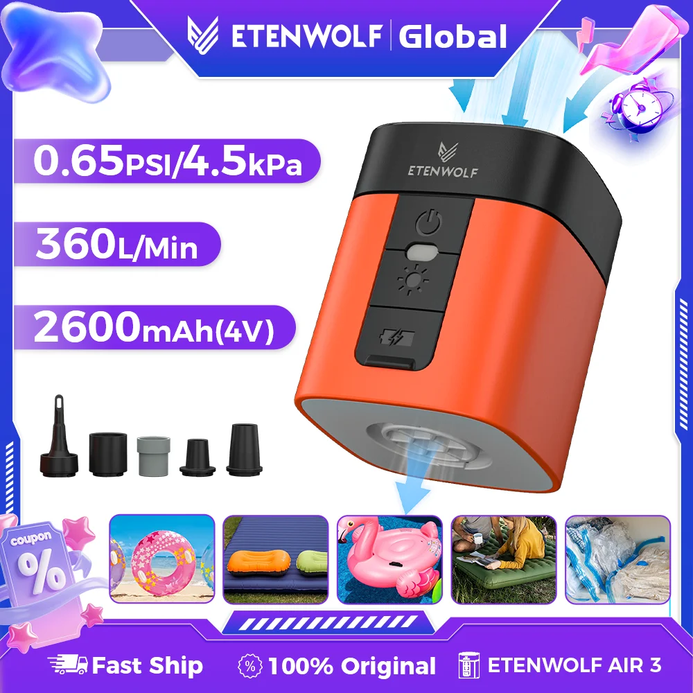 

ETENWOLF Air 3 Electric Air Pump 2600mAh Battery & Light Portable Camping Pump for Air Mattress Sleeping Pads Pool Floats