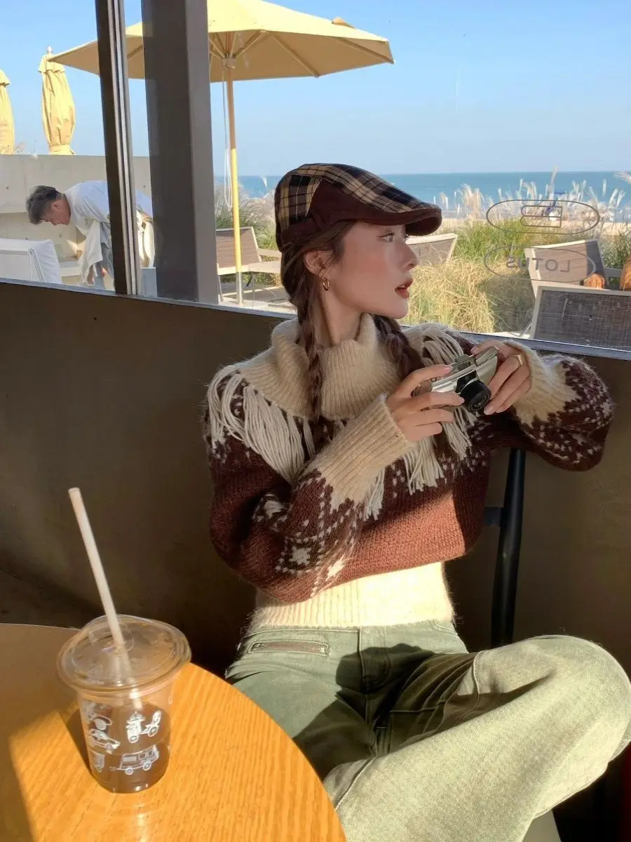 

Color Block Cropped Sweater Fringe Tassel Knit Top Boho Chic Textured Cardigan Fall Layering Staple Top Kenopsia Fashion