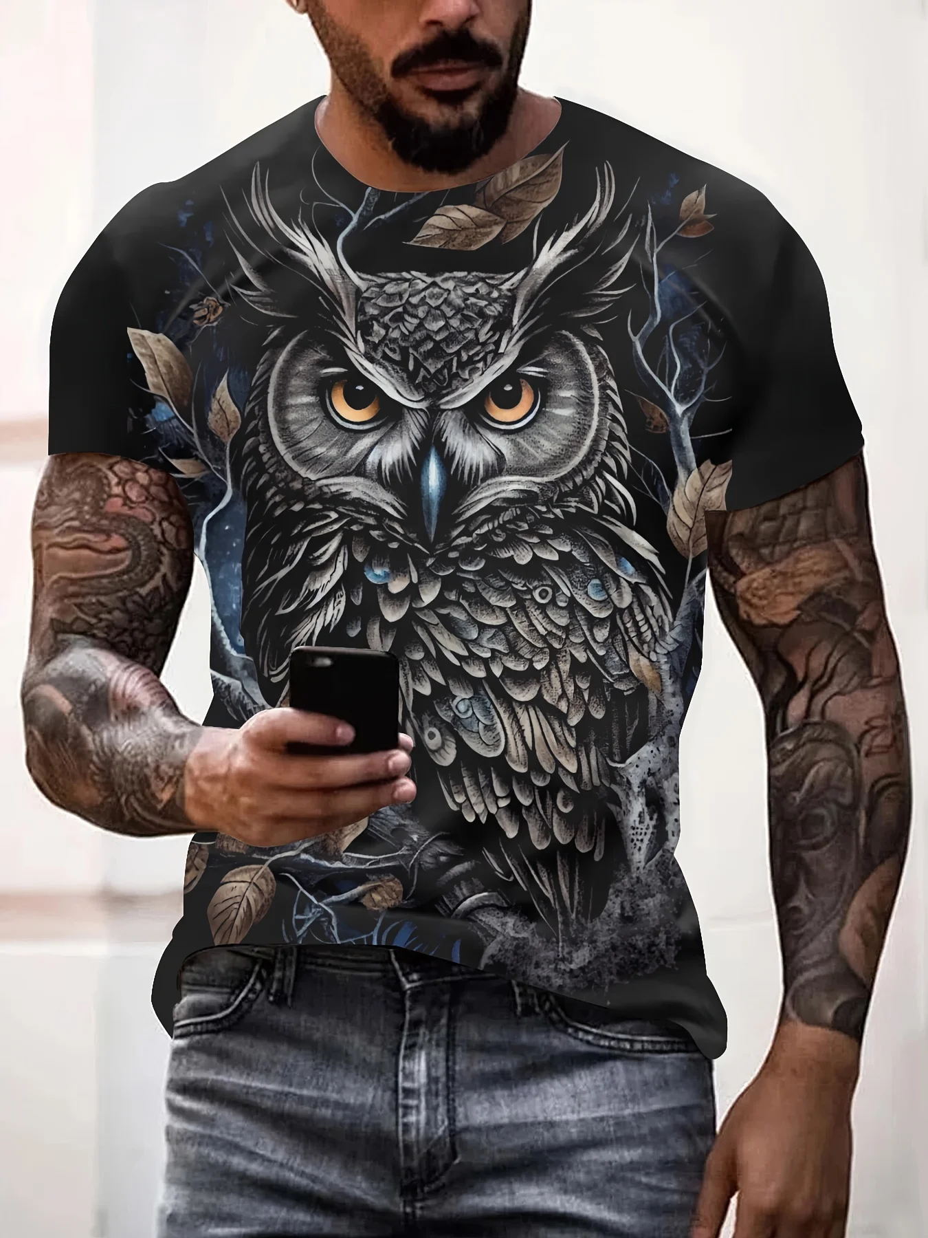 2024 new men\'s summer round neck animal owl pattern 3D printed T-shirt oversized pullover casual short-sleeved fashion street to