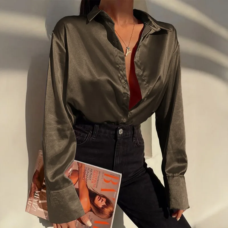 

Женская осенне-зимняя универсальная рубашка с длинными рукавами во французском элегантном стиле из атласа и темперамента