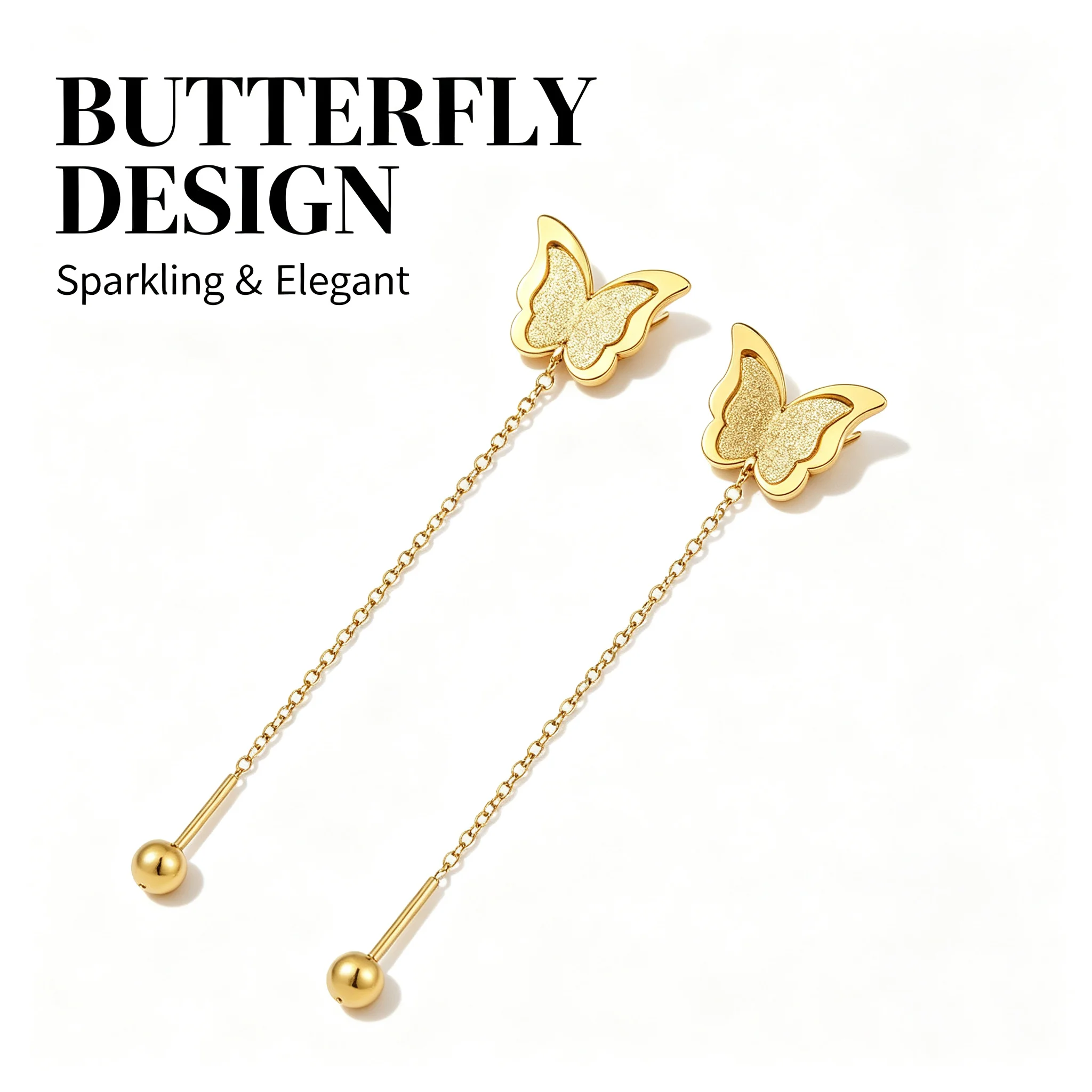 Stainless Steel Butterfly Threader Earrings for Women Matte Korean Style Anti Lost Ins Trendy Elegant Fashion Ear Jewelry