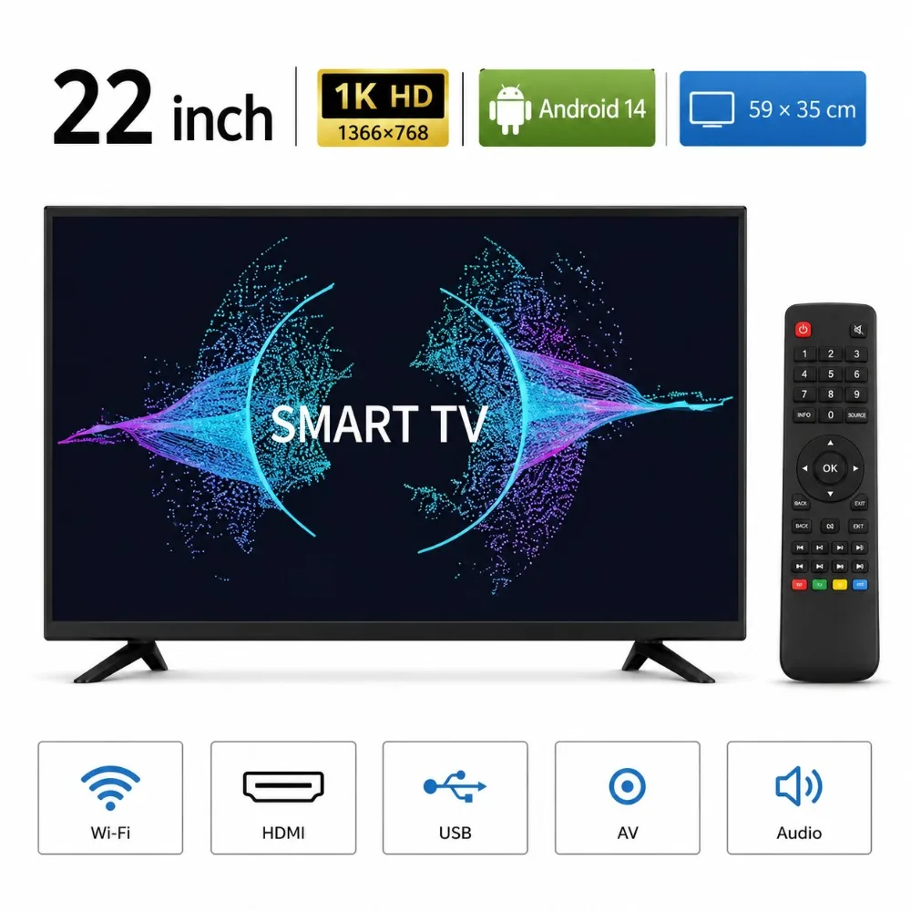 Televisor Inteligente de 22 Pulgadas, Android LED, HD, WiFi, Bluetooth, HDMI, USB, Pantalla Plana para Dormitorio, Cocina, RV, Hogar