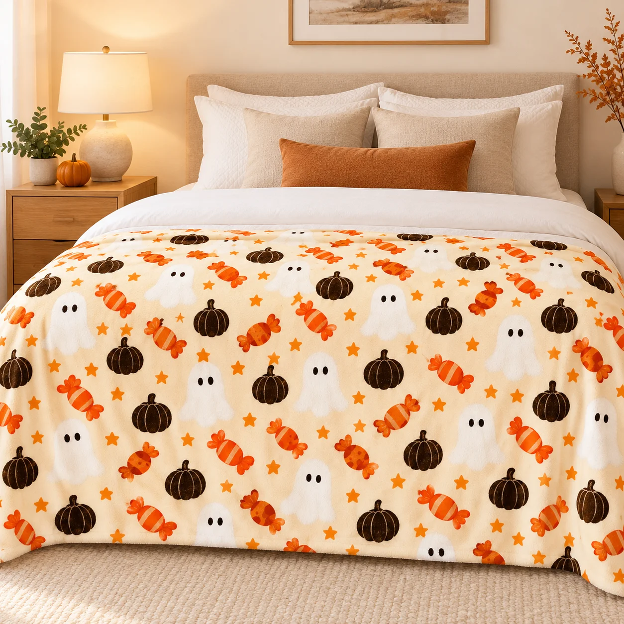 Halloween Vintage Candy Ghost Blanket, Star Dots & Orange Candy, Soft Warm Throw for Sofa Bedroom, Fall Winter Home Decoration