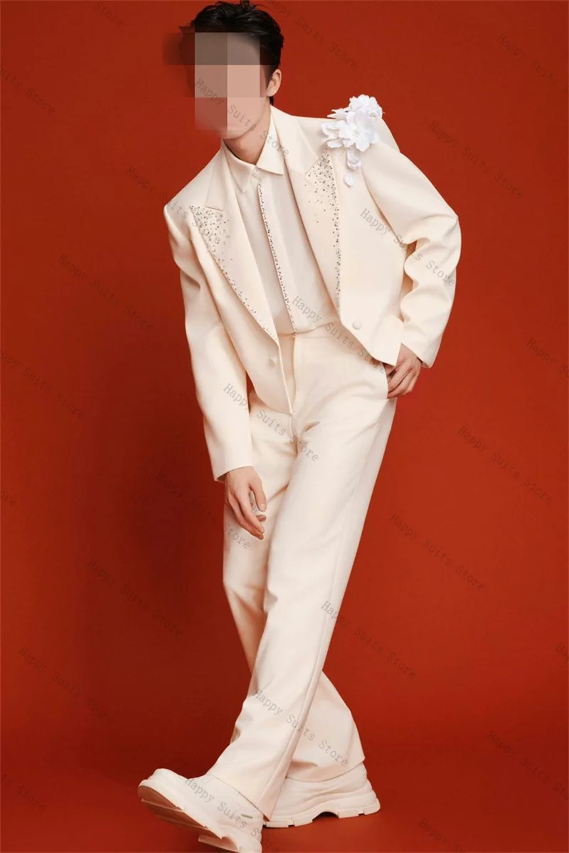 العاج الرجال البدلة مجموعة 2 قطعة بلورات السترة + السراويل بنطلون مكتب رسمي معطف ثلاثية الأبعاد زهرة الزفاف سهرة سترة مخصصة الزي #1