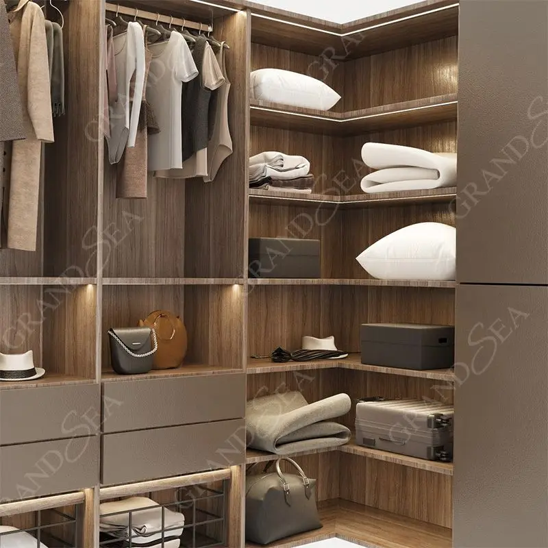 تصميم حديث على شكل حرف L لأثاث غرفة النوم وغرفة الملابس، خزانة ملابس خشبية مفتوحة، منظم ملابس