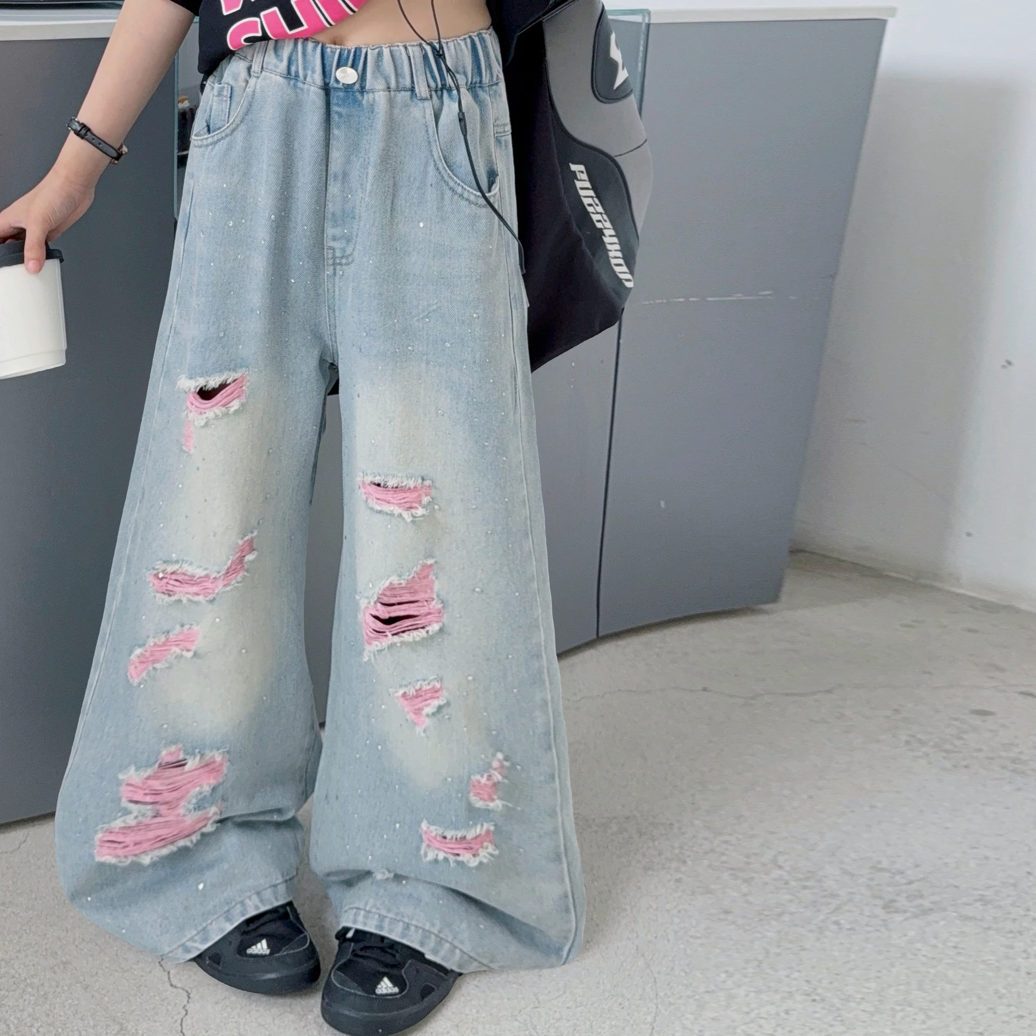 4-14 Year Girls Cowgirl Ripped Jeans Kids Casual With Pink Hole Destroyed Denim Pants Spring Autumn Child High Street Clothes