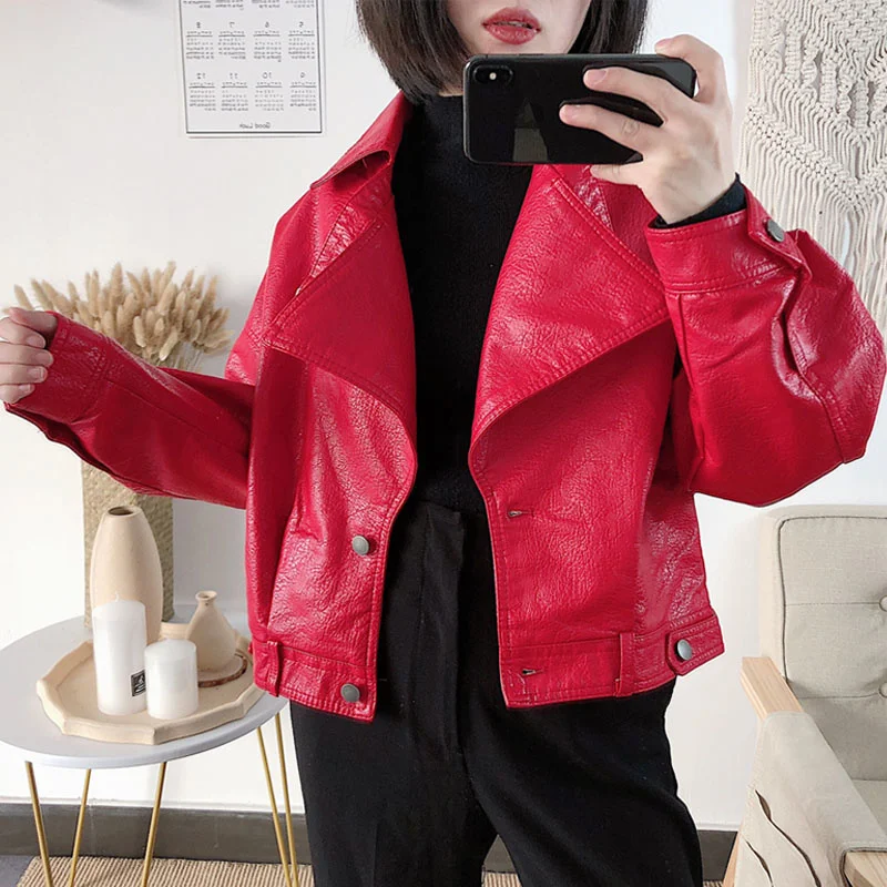

Pu Women Faux Leather Jacket Loose Soft Motorcycle Punk Leather Coat Batwing Sleeve Short Female PU Jacket