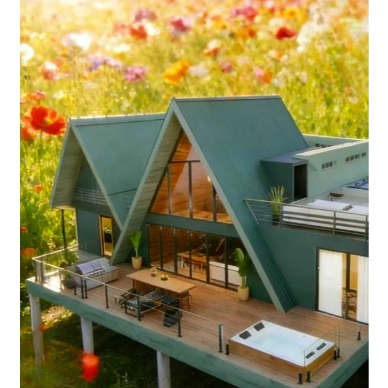 Eco friendly Waterproof Timber Prefab Frame Kits Traditional Two floor Triangular Wooden Villa Log Cabin Warehouse Living Room