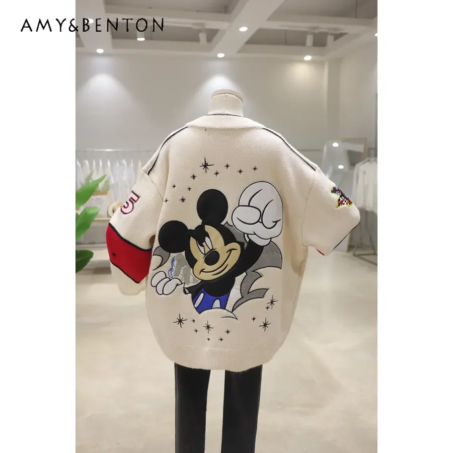 Potdemiel Heavy Industry Cartoon Embroidery Early Spring Loose Thickening Keep Warm Baseball Uniform Sweater Coat for Women