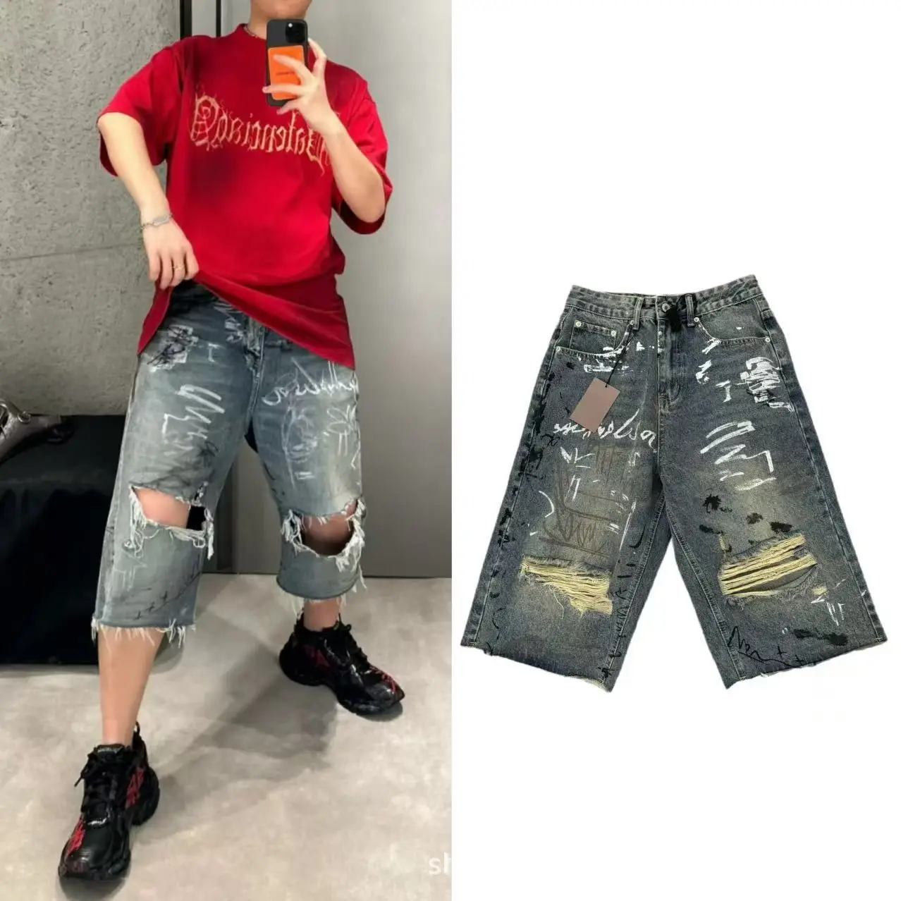 

Firmranch New Blue Hand-painted Graffiti Ripped Jorts Baggy Cropped jeans For Men Women Retro Wash Old Denim Short Pants