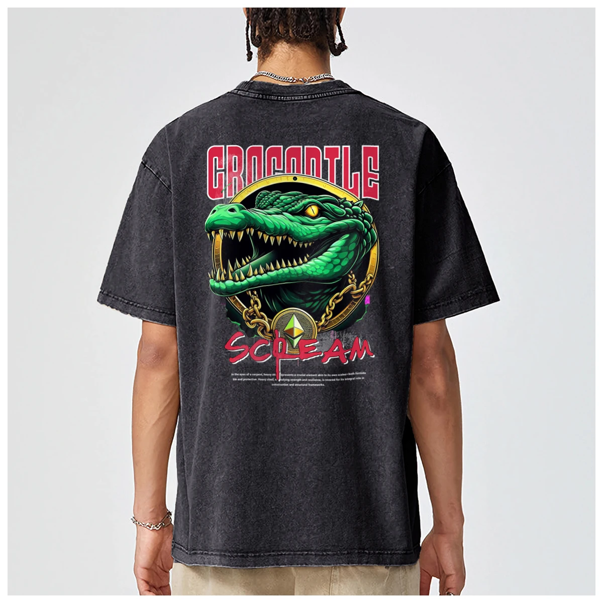 Summer Crocodile ART Cool Cartoon printed Streetwear harajuku Oversized men t-shirt Fashion Casual Vintage Washed Cotton Unisex