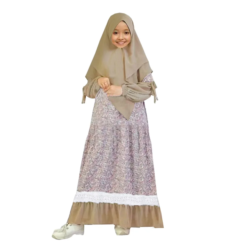 

Muslim Children Abaya Print Hijab Dress for Girls Khimar Burqa Niqab Robe 2 Pieces Set Jubah Middle East Arab Islamic Clothing