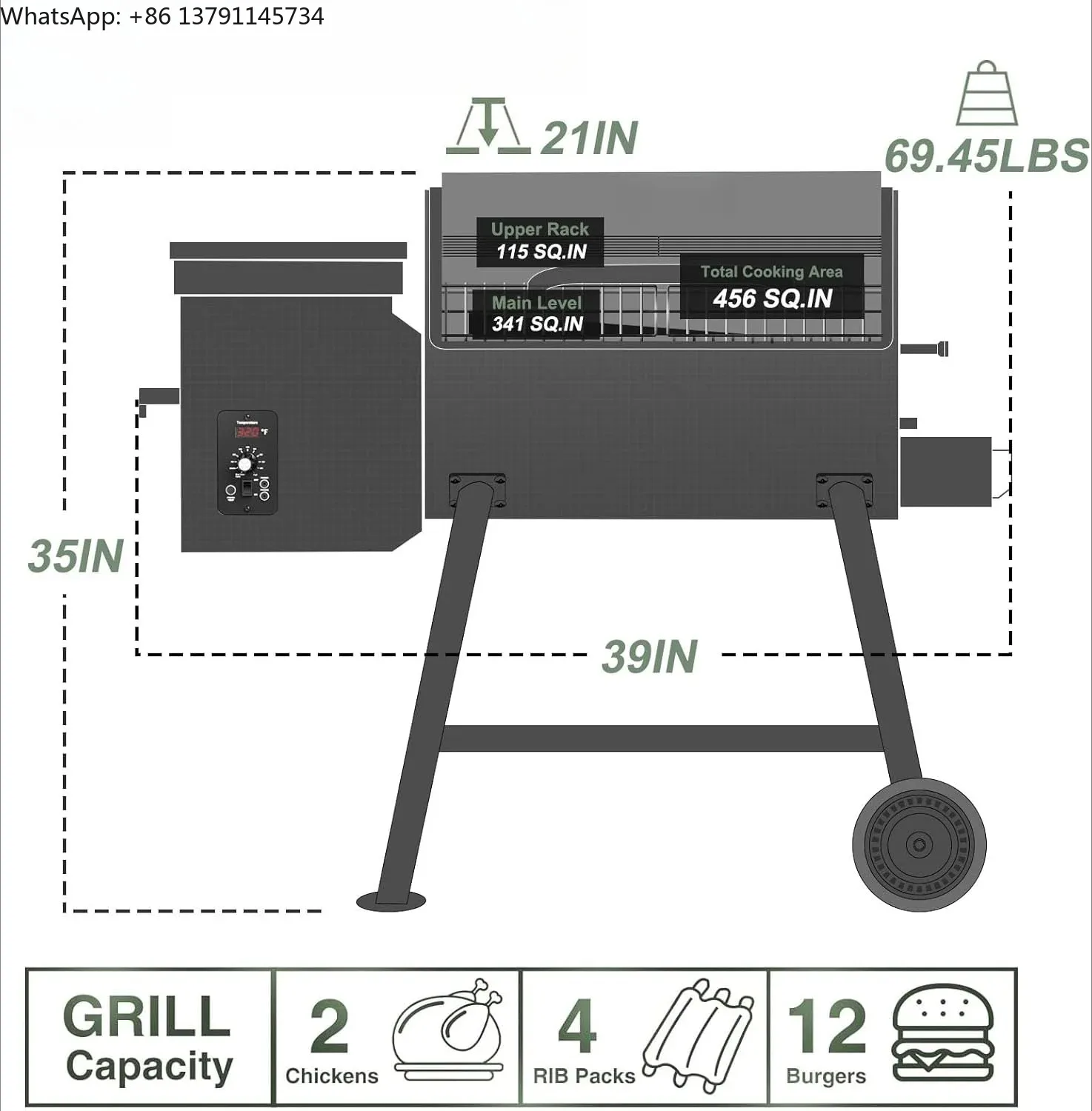Electric Wood Pellet Smoker Grill 8 In 1 BBQ Grills for Outdoor Grill with Auto Feed & PID Temperature Control (180-450°F)456 Sq