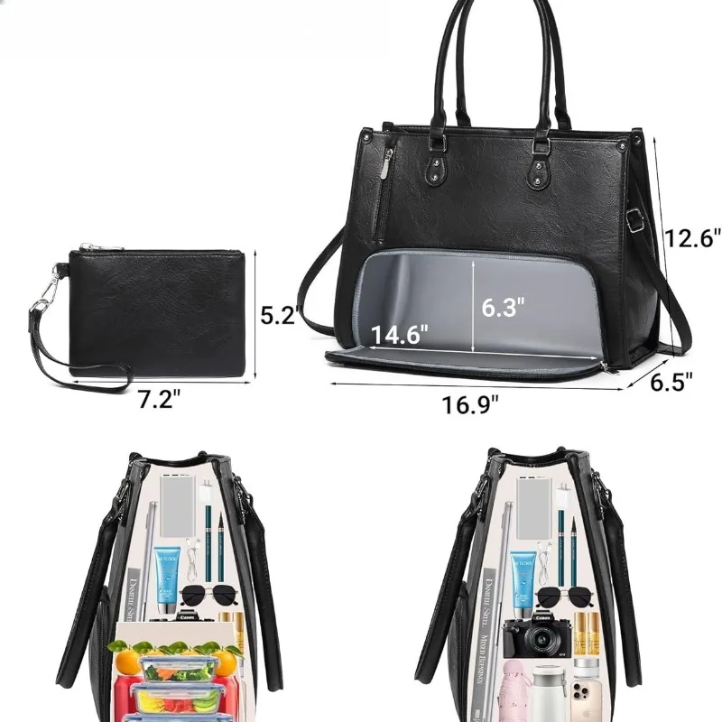 Leather Insulated Lunch Bag with Laptop Compartment 2-in-1 Hand Carry Crossbody Bag Multifunctional Portable Tote Bag Dual Use