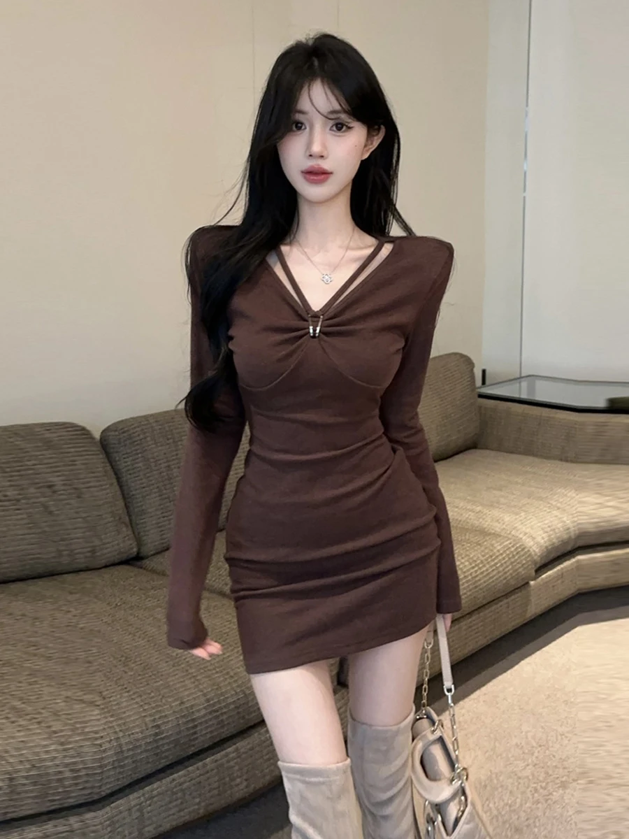 

Ele Pure Desire V-ne Pleated Long Sve Base Layer Dr Sexy Floing Slimming Wraparound Skirt for Ladies