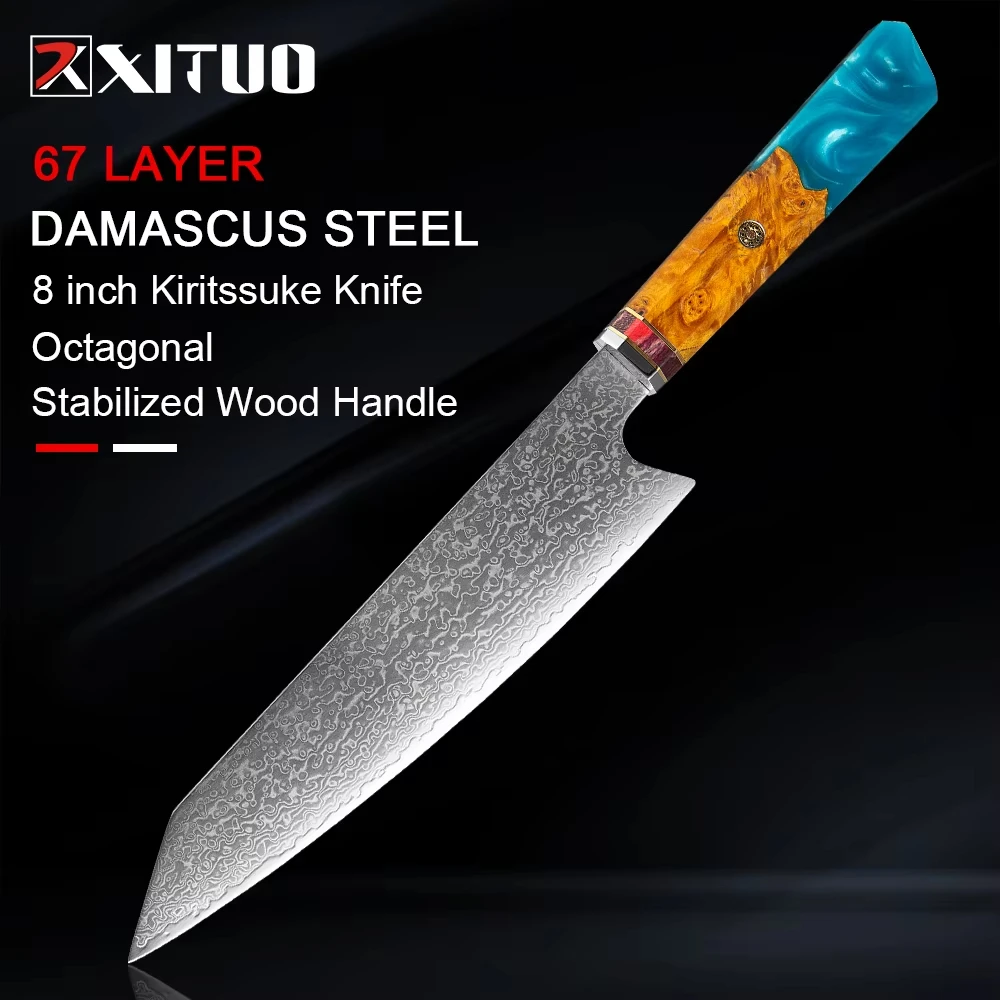 

XITUO Damascus Kitchen Knife Japan VG10 Steel Professional Kiritsuke Chef knife Octagonal Blue Resin Handle New Cleaver Gift Hot