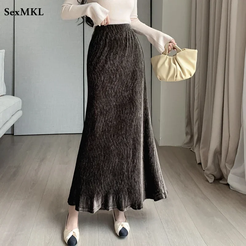 

Autumn Winter Long Pleated Skirts Women Korean Fashion Clothing Elastic High Waist Faldas Streetwear Ladies Black Flared Skirt