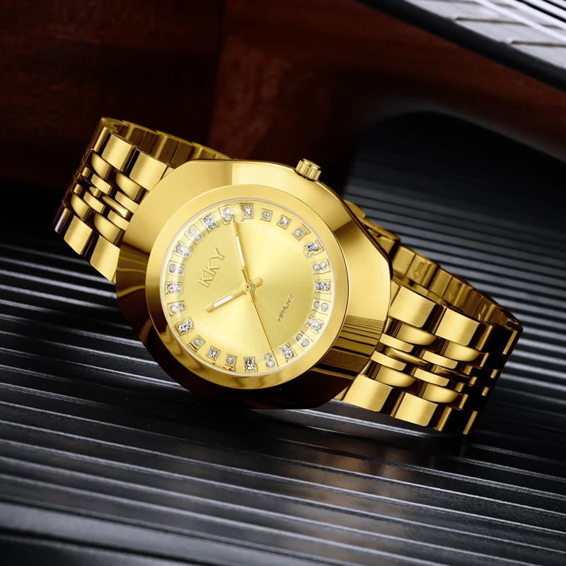 Couple Watch Men\'s Watches Full Gold Luxury Quartz Women Round Clock Ladies Wristwatch Big Dial Waterproof Lovers Watch Relogio