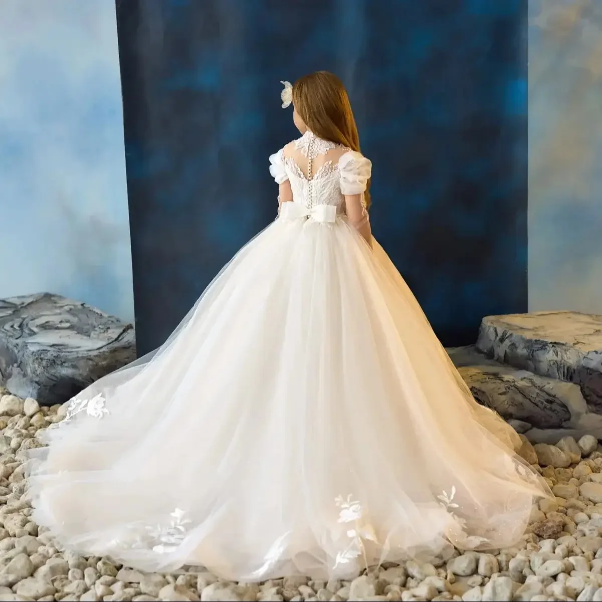 Custom JDY High Puff Sleeve Lace Trailing Flower Girl Dress Wedding Party Gown Birthday Party Dress Kids Pageant Dress فساتين اط