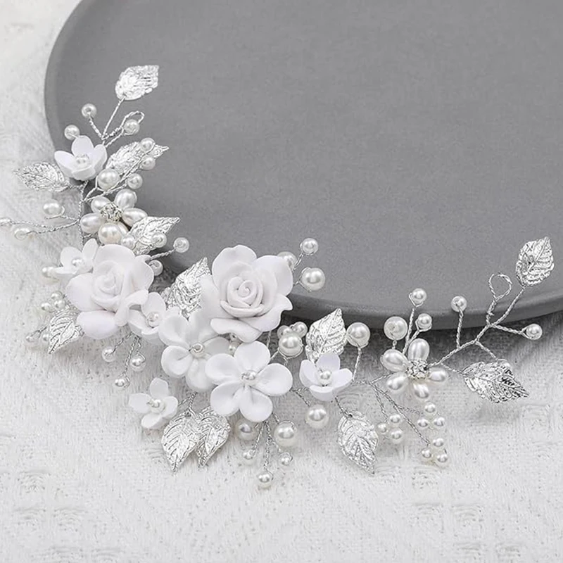 Flower Bride Wedding Hair Rattan Pearl Hair Leaf Hair Accessories Rhinestone Headband for Women and Girls (9 ")(Silver) image 4
