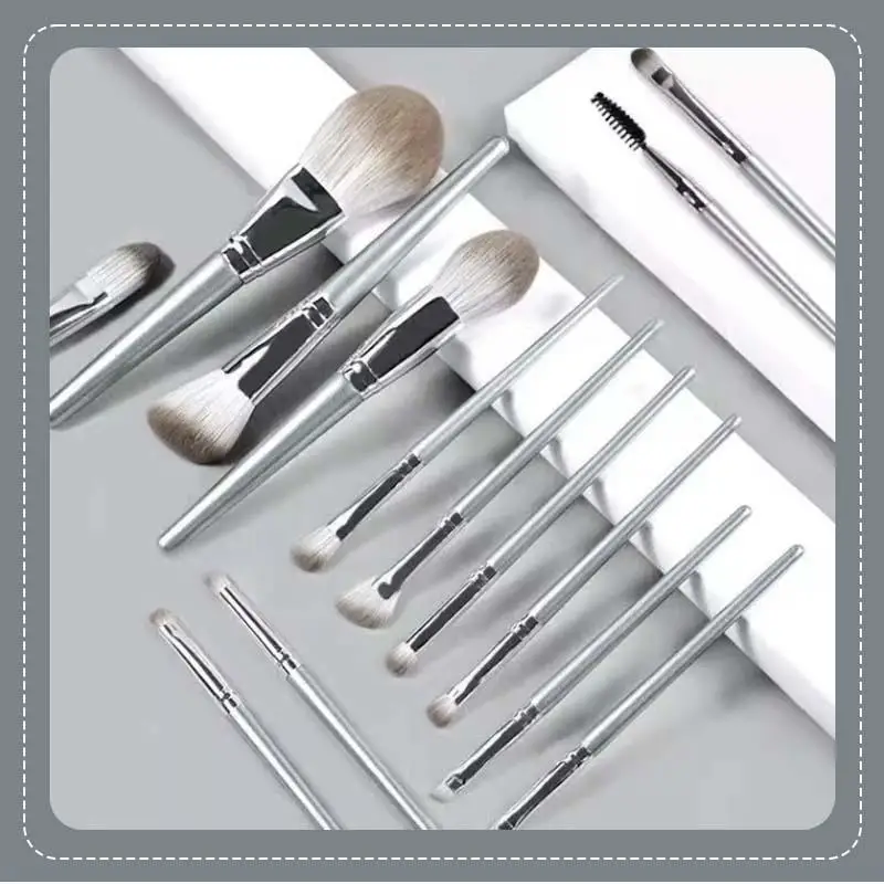 14-piece Silver Grey Makeup Tool Set with PU Leather Case Ultra Soft Brush Hair for  Face Eye Makeup