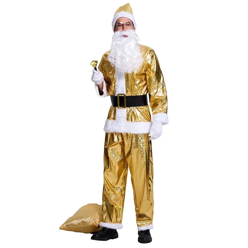 

Christmas Santa Claus Costume Men Gold Top Cloth Pants Hat Belt Beard Halloween Dress Up Suit Cosplay Festival Outfitc;6,r FD1;6