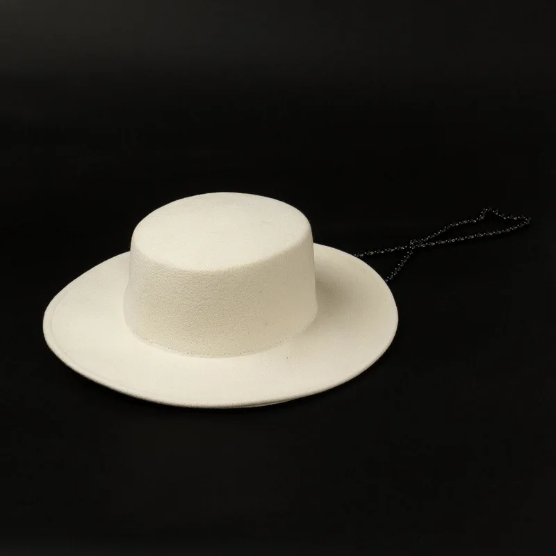 Autumn Winter New Flat Top Wool Felt Hat with Imitation Pearl Chain Fashion Casual Street Felt Flat Top Hat
