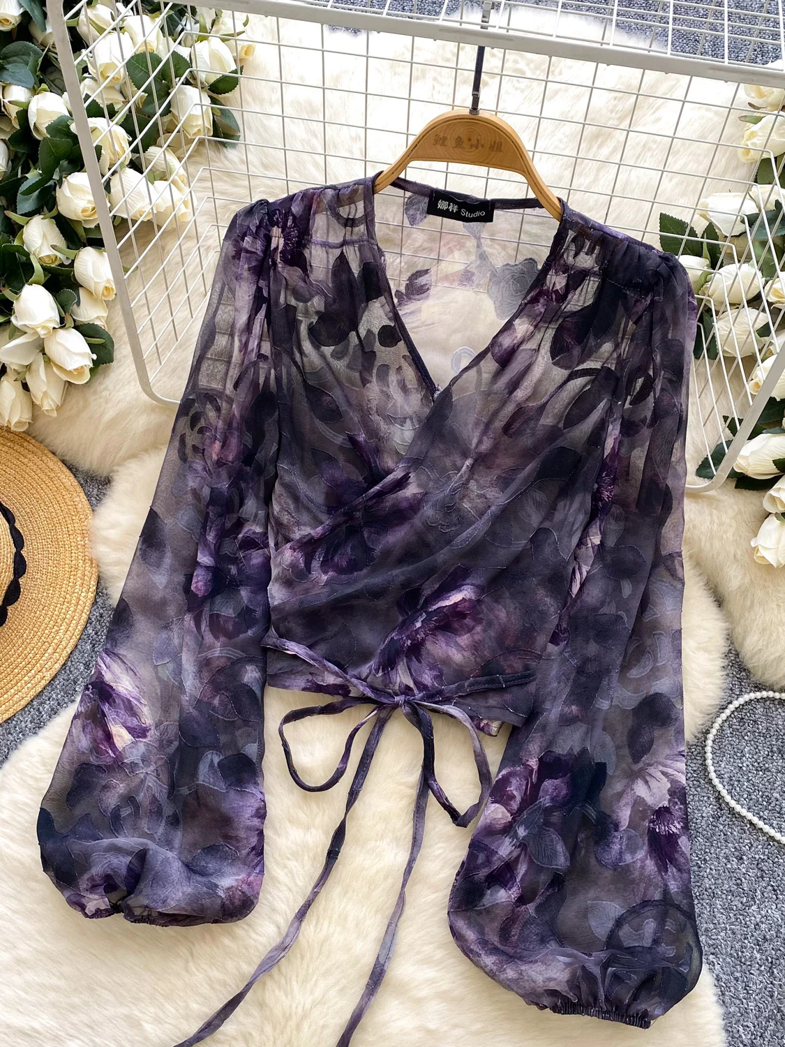 

Printed irt Korean Sle Loose Fit Long Sve V-Ne Tie Waist Lantern Sve Thin Me Top Faionable Versatile Summer S...