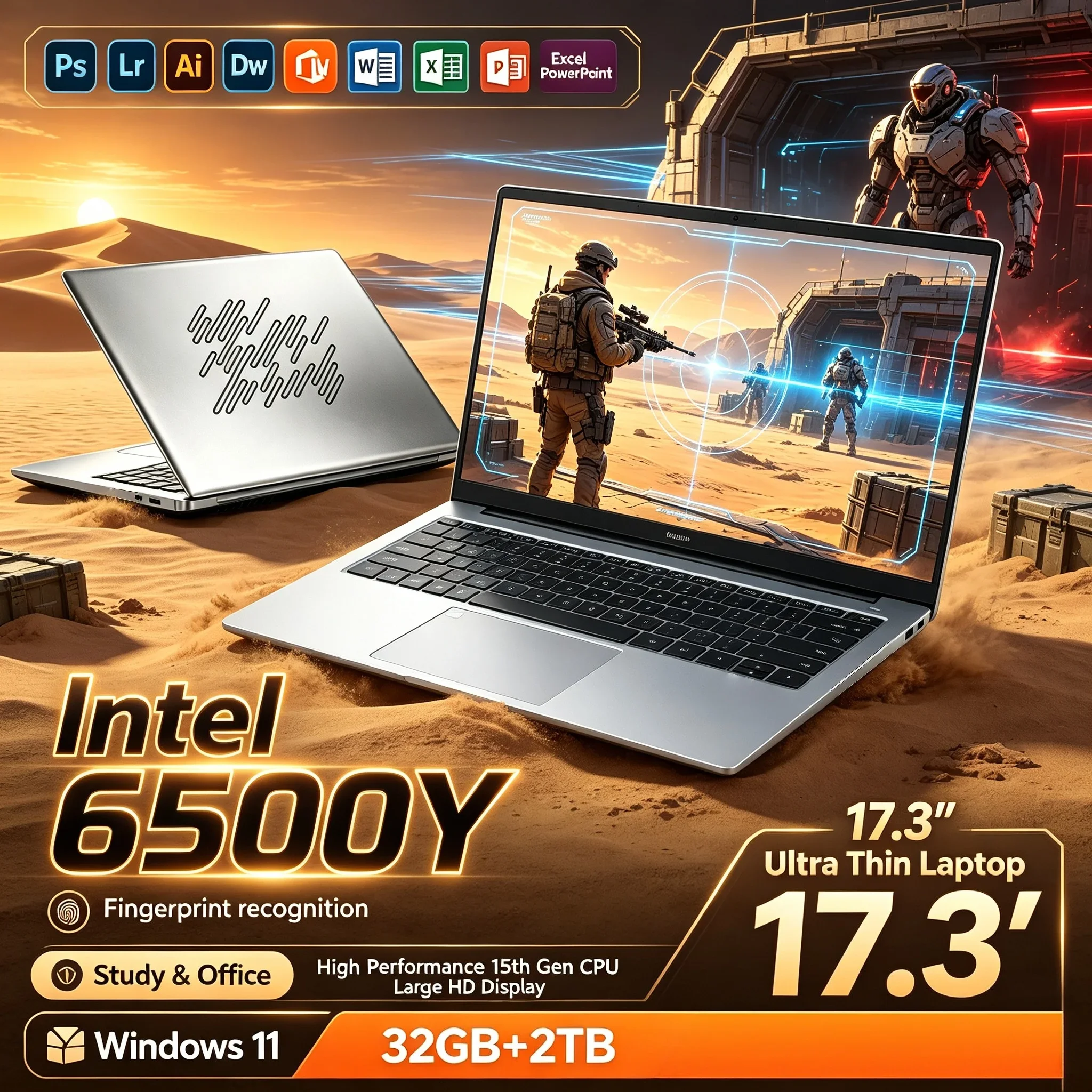 New 17.3'' Inch HD Notebook Computer Intel 6500Y 32GB RAM 1TB 2TB SSD Win11 WiFi6 BT5.2 Portable Laptop For Home Office Learning