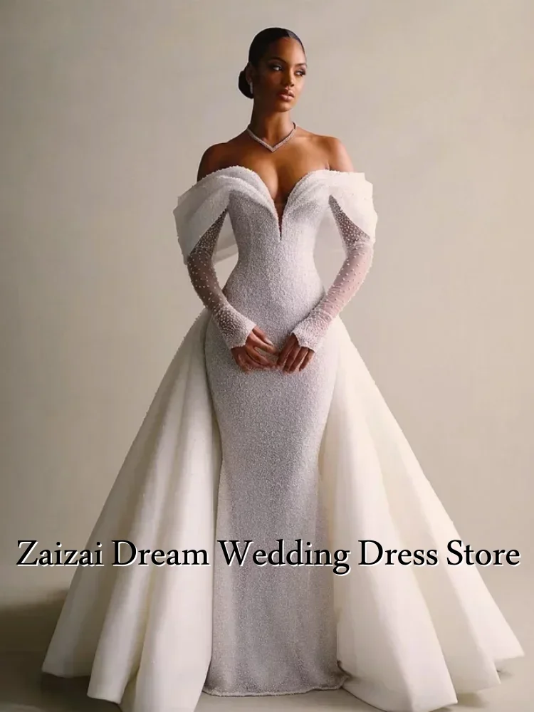Customized Luxury Detachable 2 In 1Mermaid Wedding Dress Lace Sequins with Train V Neck Full Sleeve Bride Gown Vestido De Novia