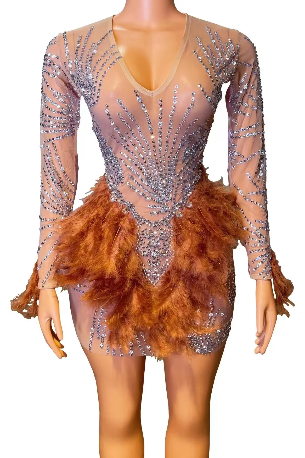 Flamenco lleno de diamantes Vintage Sexy cuello en V pluma Multicolor fiesta diosa club nocturno Bar vestido de noche traje de actuación