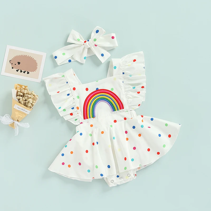 Summer Baby Girls Summer Romper Dress Cute Rainbow Dots Pattern Ruffle Sleeve Cross Back Bodysuit