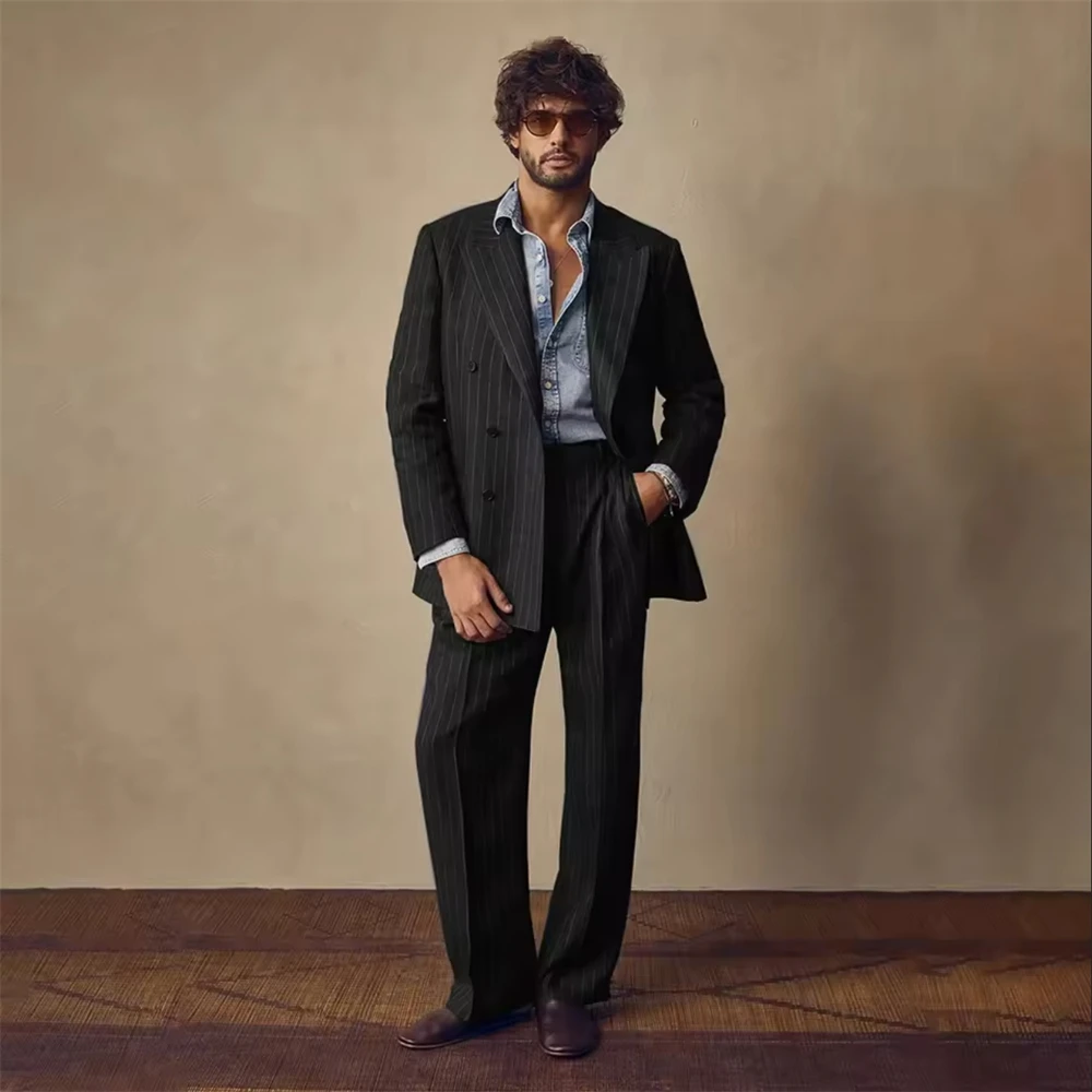 

Мужской костюм в полоску, элегантный комплект одежды из 2 предметов: двубортный пиджак и брюки, классический формальный костюм (пиджак + брюки)